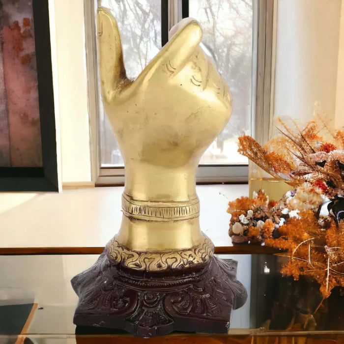 RoyalStuffs Brass Hand Shape Decorative Showpiece with Pen Holder – 16 CM Golden Desk Organizer