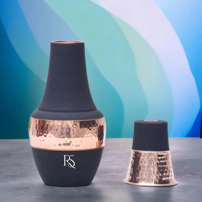 RoyalStuffs Pure Copper Water Bottle with Tumbler – Hammered Design Copper Carafe Bottle (1250 ML)