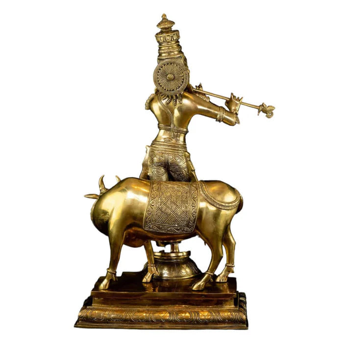 Brass Krishna with Cow Statue – Golden Finish Premium Handcrafted Krishna Idol (25 Inch)
