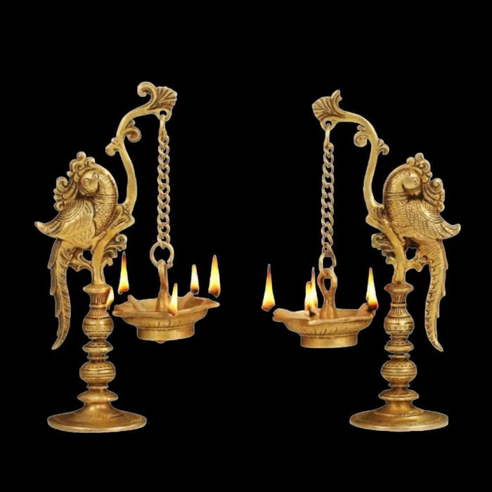 Brass Annam Bird Diya Oil Lamp Set – Handcrafted Traditional Hanging Deepam Décor (Set of 2)