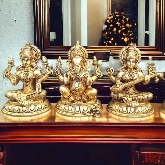 Brass Ganesha Lakshmi Saraswathi Statue Set – Large Handmade Divine Idol Collection (10 Inch)