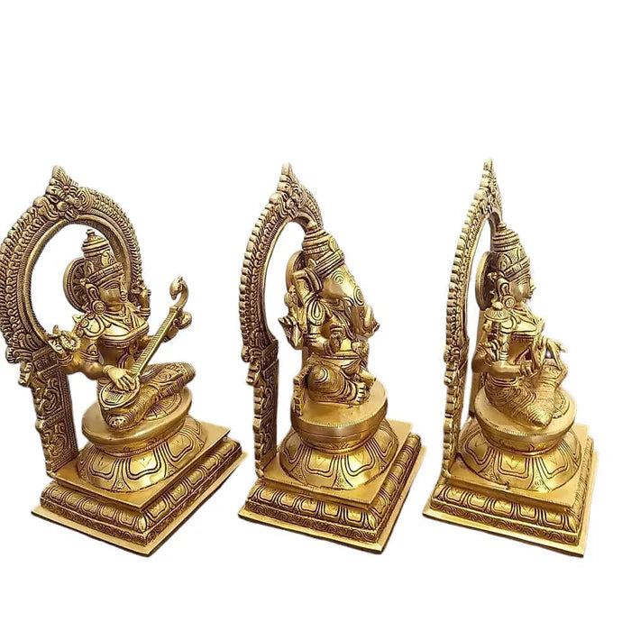 10 Inch Brass Lakshmi Ganesha Saraswati Statue Set – Premium Handcrafted Divine Idol Trio