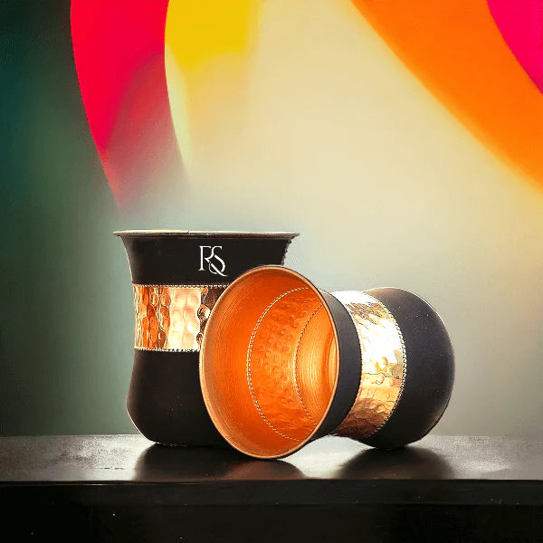 Set of 2 Silk Black Half Hammered Copper Tumblers – Pure Copper Water Glass Set (250 ML)