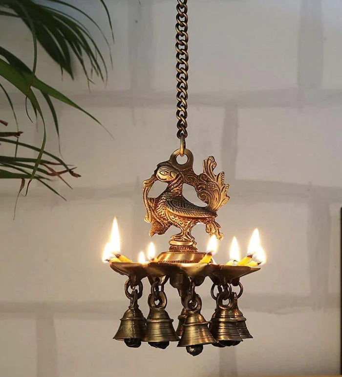 Royal Handcrafted Brass Hanging Bird Diya with 4 Oil Lamps – Antique Finish