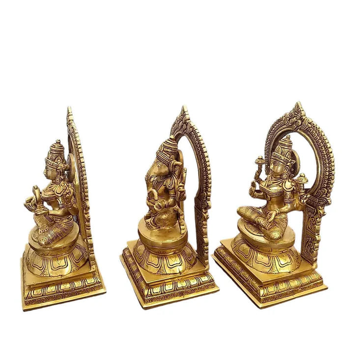 10 Inch Brass Lakshmi Ganesha Saraswati Statue Set – Premium Handcrafted Divine Idol Trio