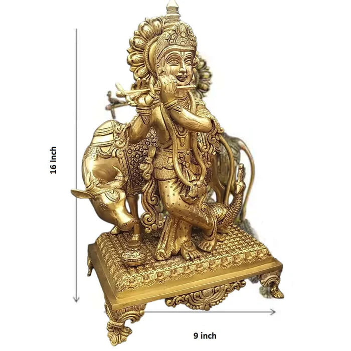 Lord Krishna Brass Statue with Cow – Premium Handcrafted Brass Krishna Idol (16 Inch)