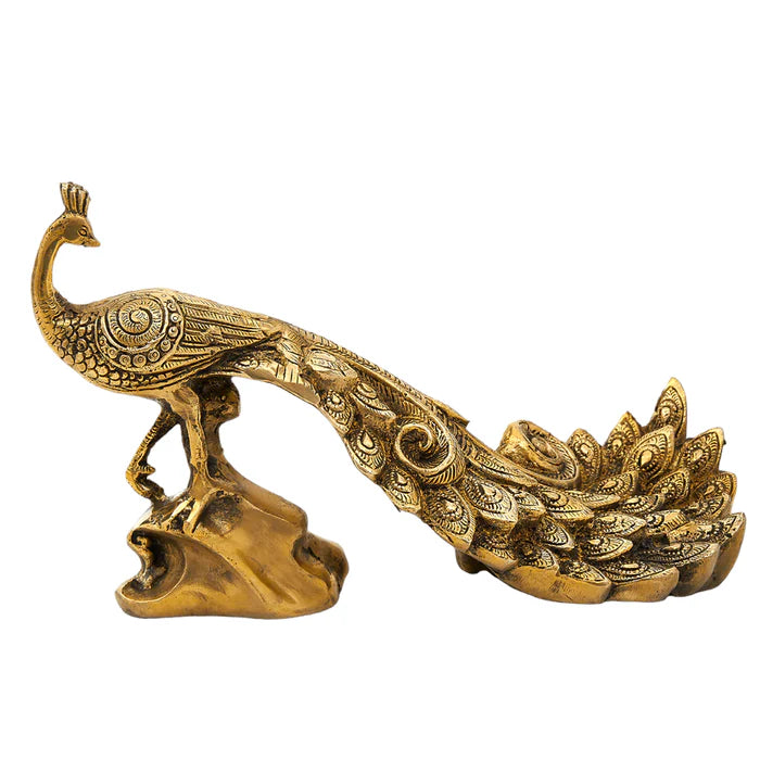Brass Peacock Figurine Showpiece – Handcrafted Golden Peacock Home Décor Statue (17 CM)