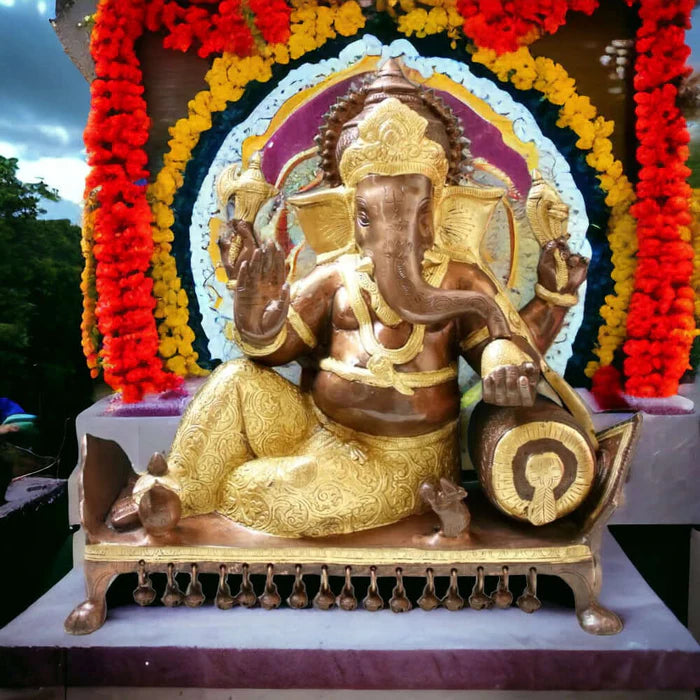 Premium Brass Lord Ganesha Sitting on Chowki – Handcrafted Decorative Ganesha Idol (15 Inch)