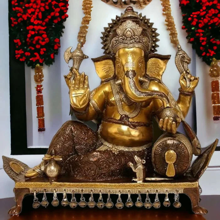 Royal India Brass Lord Ganesha Sitting on Chowki – Premium Handcrafted Brass Idol (15 Inch)