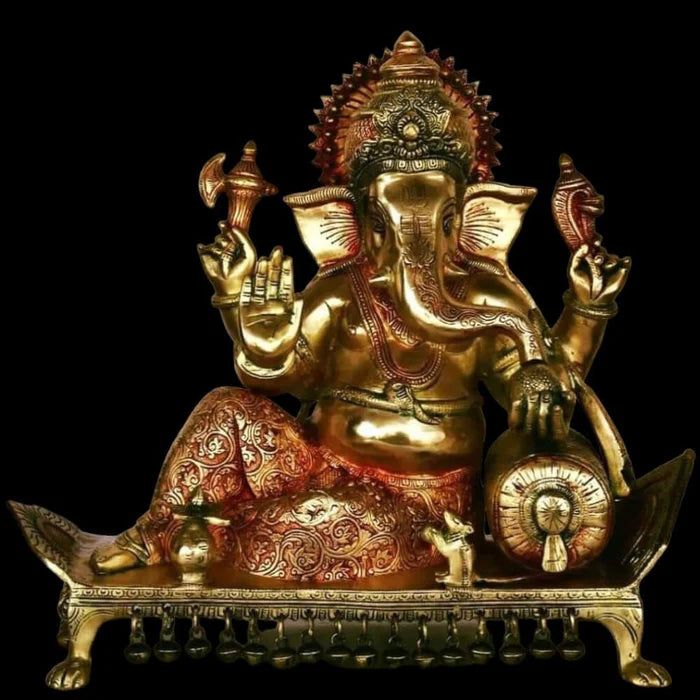 Lord Ganesha Seated on Chowki Figurine – Exotic India Finish Premium Brass Idol (15 Inch)