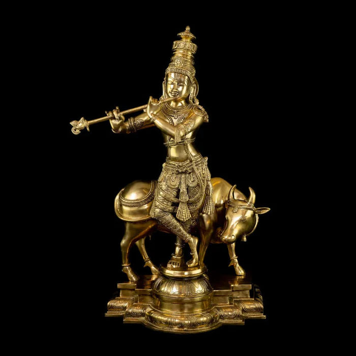 Brass Krishna with Cow Statue – Golden Finish Premium Handcrafted Krishna Idol (25 Inch)