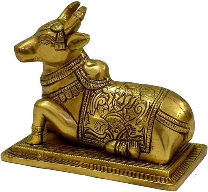 100% Pure Brass Sitting Nandi Cow Statue – Handcrafted Spiritual Home Décor Showpiece (4.5 Inch)