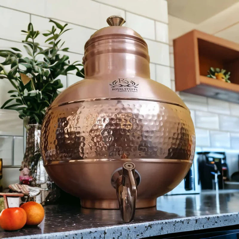 RoyalStuffs 100% Pure Copper 5 Litre Matka with Brass Tap Hand Hammered Handcrafted Copper Water Dispenser