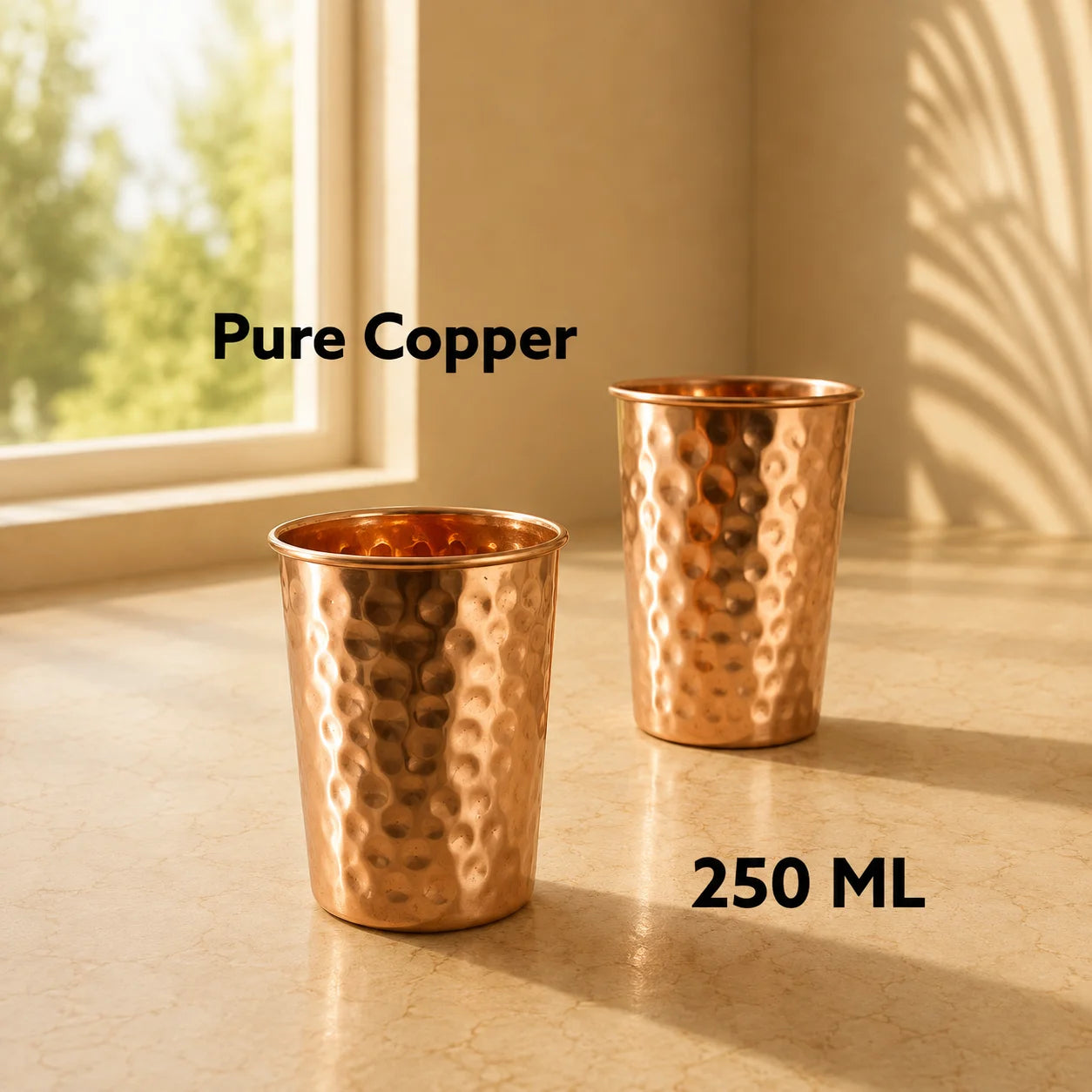 RoyalStuffs Pure Copper Bedroom Carafe Set – Hammered Copper Water Vessel with 4 Glasses (1600 ML)
