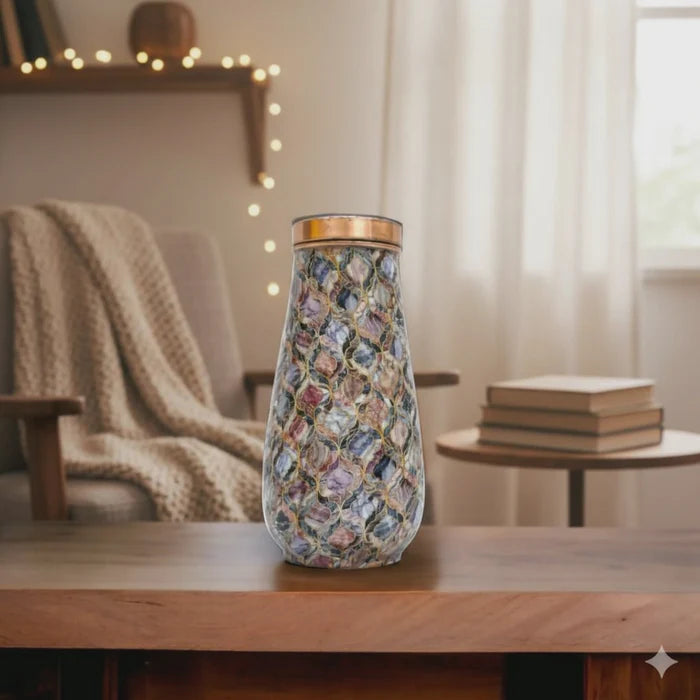 RoyalStuffs Pure Copper Designer Bedside Water Bottle – Premium Printed Copper Carafe with Tumbler Lid (1000 ML)