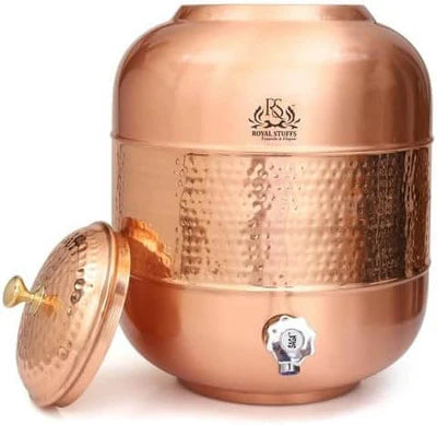 RoyalStuffs Pure Copper Water Dispenser Set – Hammered 8 Liter Copper Storage Tank with 2 Tumblers & 1 Bottle