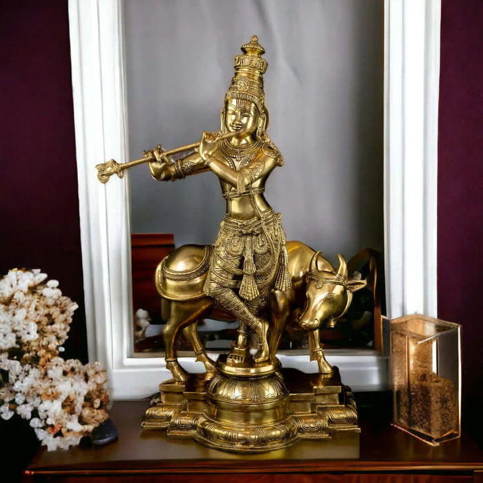 Brass Krishna with Cow Statue – Golden Finish Premium Handcrafted Krishna Idol (25 Inch)