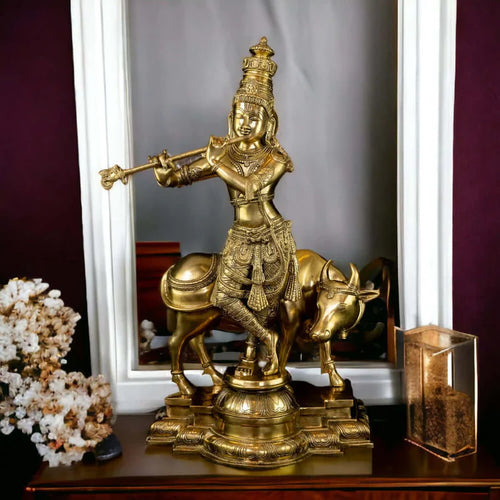 Brass Krishna with Cow Statue – Golden Finish Premium Handcrafted Krishna Idol (25 Inch)