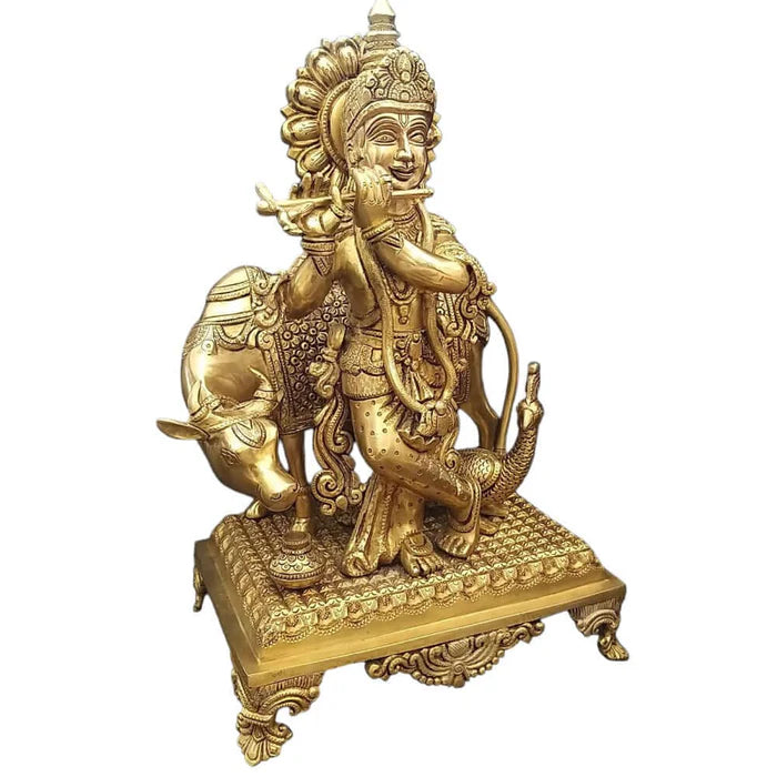 Lord Krishna Brass Statue with Cow – Premium Handcrafted Brass Krishna Idol (16 Inch)