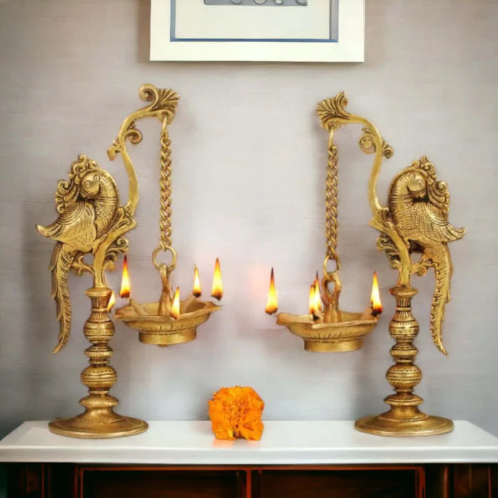 Brass Annam Bird Diya Oil Lamp Set – Handcrafted Traditional Hanging Deepam Décor (Set of 2)