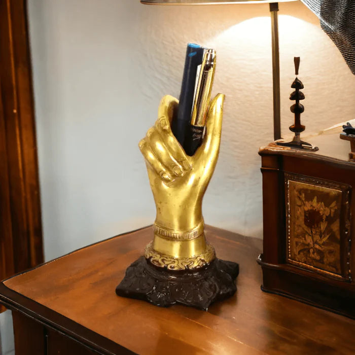 RoyalStuffs Brass Hand Shape Decorative Showpiece with Pen Holder – 16 CM Golden Desk Organizer
