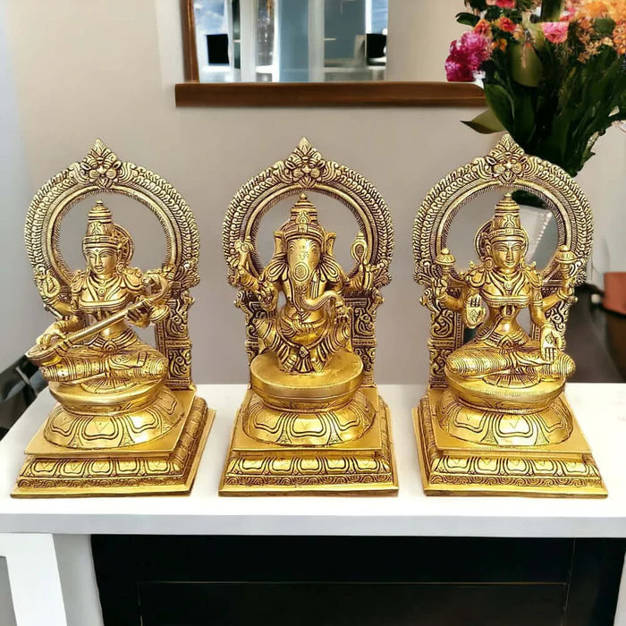 10 Inch Brass Lakshmi Ganesha Saraswati Statue Set – Premium Handcrafted Divine Idol Trio