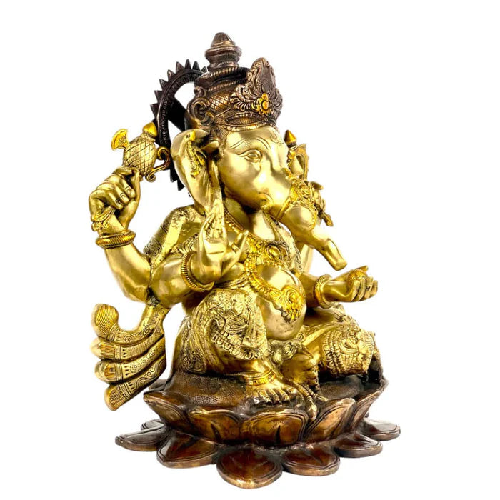 RoyalStuffs 22 Inch Large Brass Lord Ganesha Statue – Handmade Exotic Triple Chola Finish Ganpati Idol on Lotus
