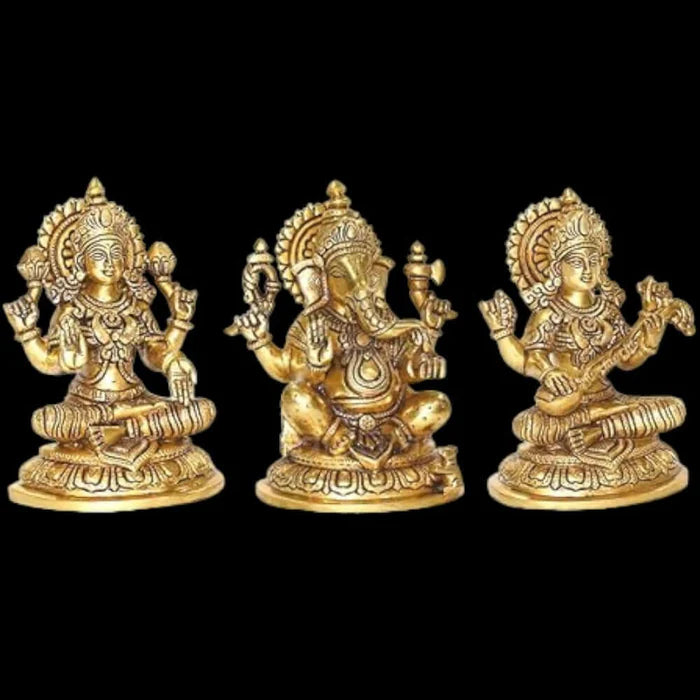 Brass Ganesha Lakshmi Saraswathi Statue Set – Large Handmade Divine Idol Collection (10 Inch)