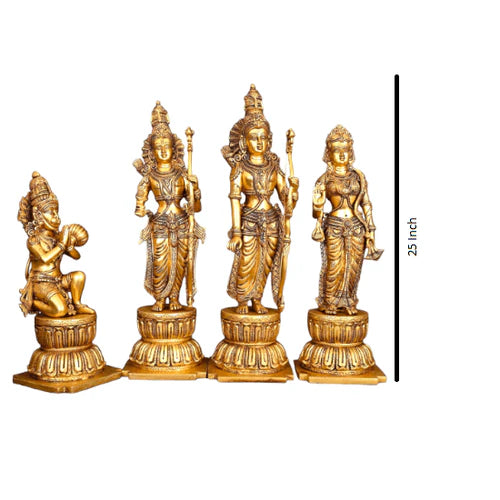 Very Large Pure Brass Ram Darbar Statue – Lord Rama, Sita, Lakshman & Hanuman Murti Set