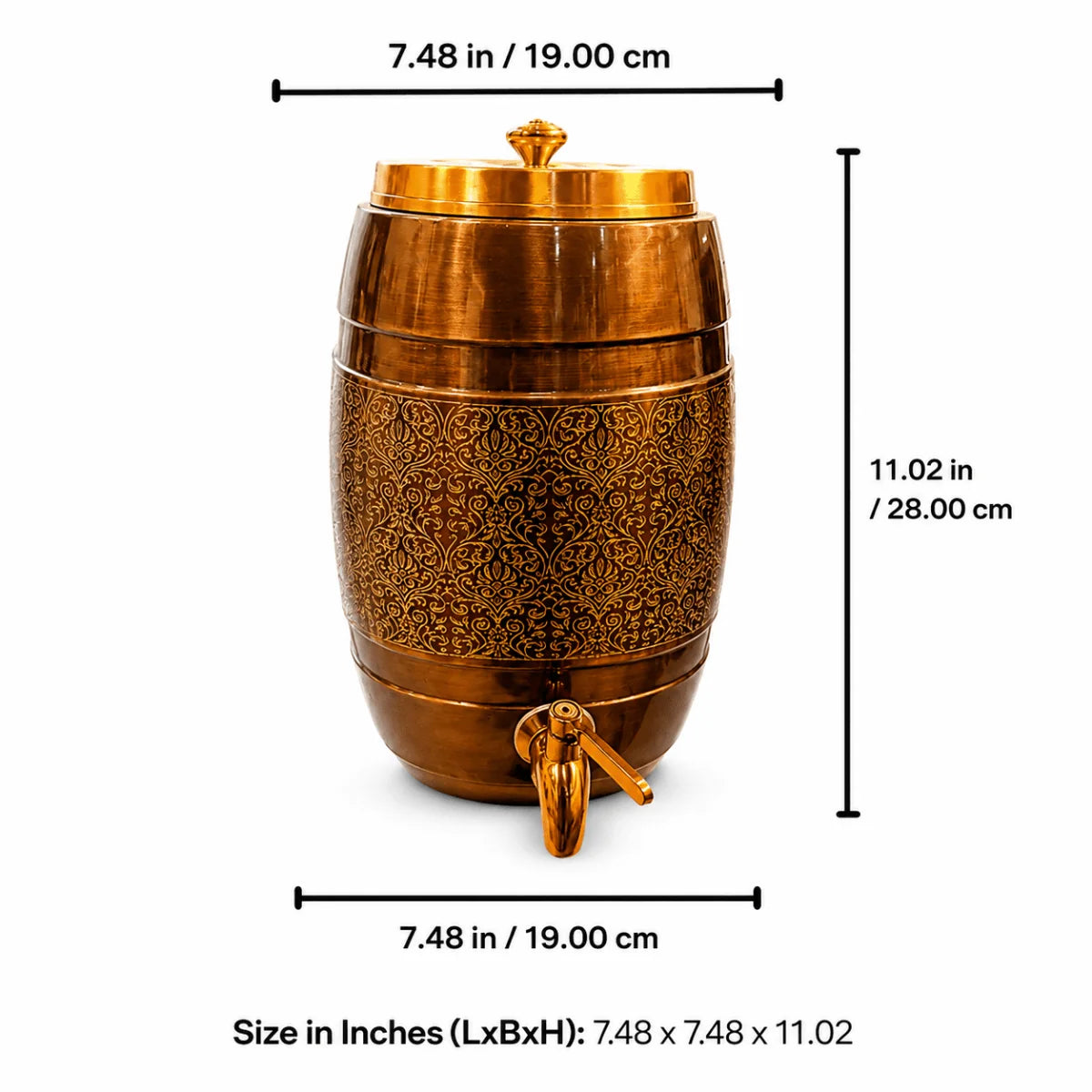 RoyalStuffs 5 L Pure Copper Water Dispenser – Dholak Shape with Lesser Etching Antique Finish & Tap