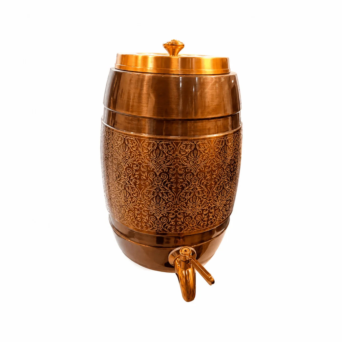 RoyalStuffs 5 L Pure Copper Water Dispenser – Dholak Shape with Lesser Etching Antique Finish & Tap