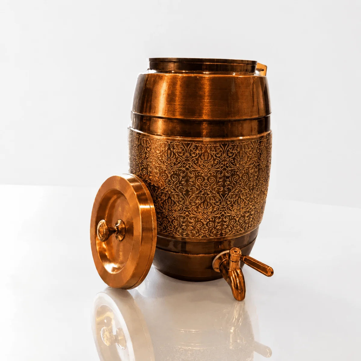 RoyalStuffs 5 L Pure Copper Water Dispenser – Dholak Shape with Lesser Etching Antique Finish & Tap