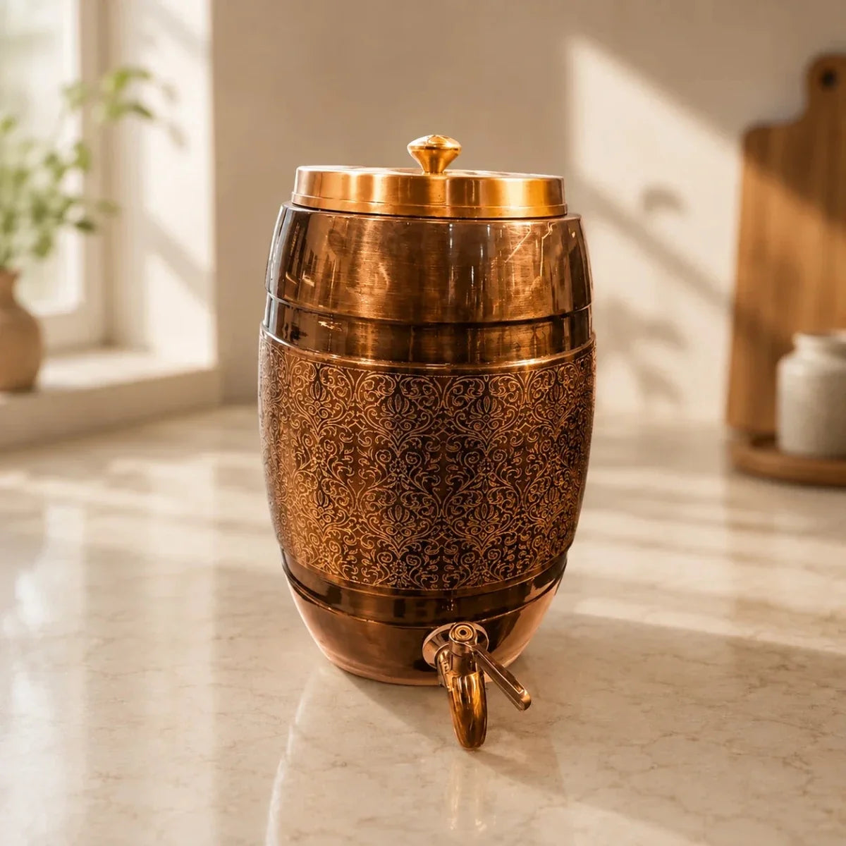 RoyalStuffs 5 L Pure Copper Water Dispenser – Dholak Shape with Lesser Etching Antique Finish & Tap