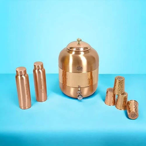 RoyalStuffs Pure Copper Water Dispenser Set – Hammered 8 Liter Copper Storage Tank with 4 Tumblers & 2 Bottles