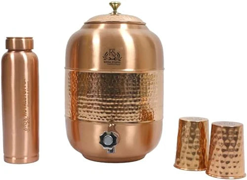 RoyalStuffs Pure Copper Water Dispenser Set – Hammered 8 Liter Copper Storage Tank with 2 Tumblers & 1 Bottle