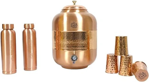 RoyalStuffs Pure Copper Water Dispenser Set – Hammered 8 Liter Copper Storage Tank with 4 Tumblers & 2 Bottles