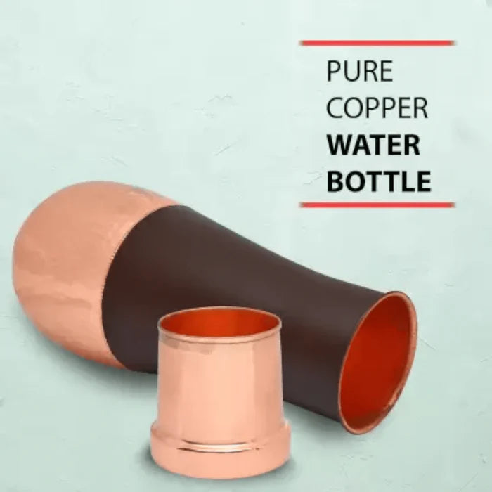 RoyalStuffs Pure Copper Bedroom Water Bottle with Inbuilt Glass – Brown Silk Hammered Surahi Carafe (1600 ML)