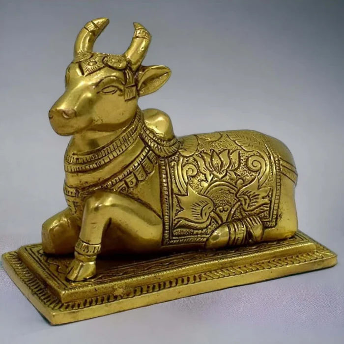 100% Pure Brass Sitting Nandi Cow Statue – Handcrafted Spiritual Home Décor Showpiece (4.5 Inch)