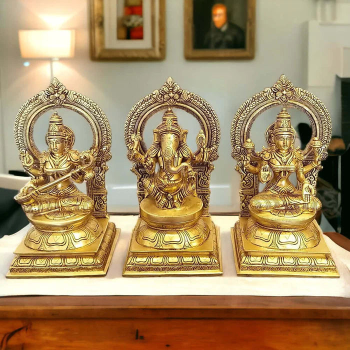 10 Inch Brass Lakshmi Ganesha Saraswati Statue Set – Premium Handcrafted Divine Idol Trio