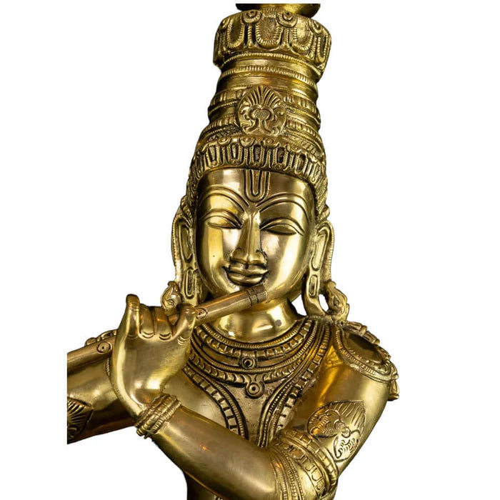 Brass Krishna with Cow Statue – Golden Finish Premium Handcrafted Krishna Idol (25 Inch)