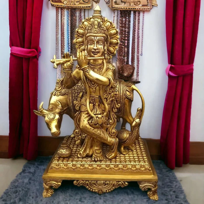 Lord Krishna Brass Statue with Cow – Premium Handcrafted Brass Krishna Idol (16 Inch)