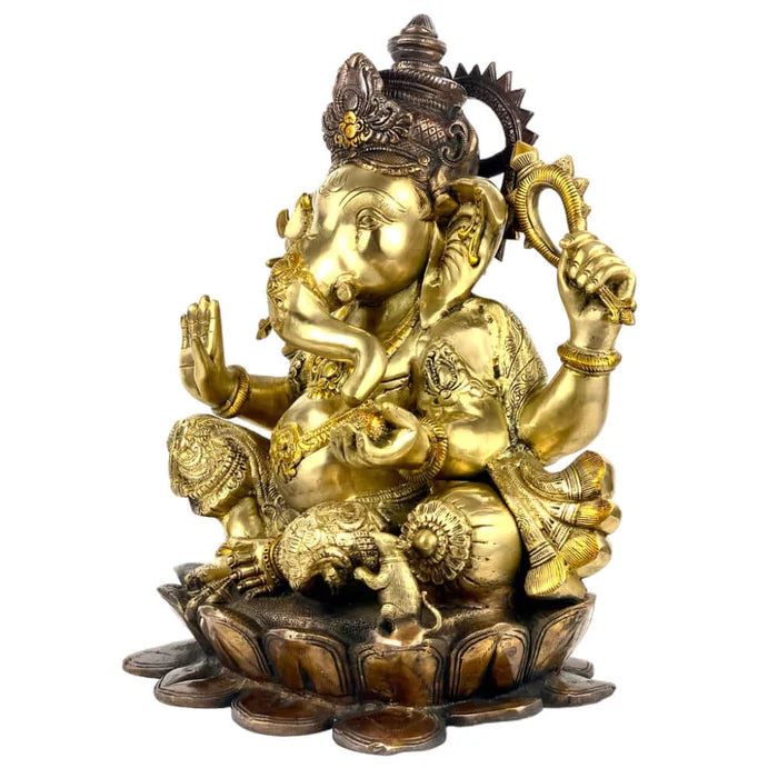 RoyalStuffs 22 Inch Large Brass Lord Ganesha Statue – Handmade Exotic Triple Chola Finish Ganpati Idol on Lotus