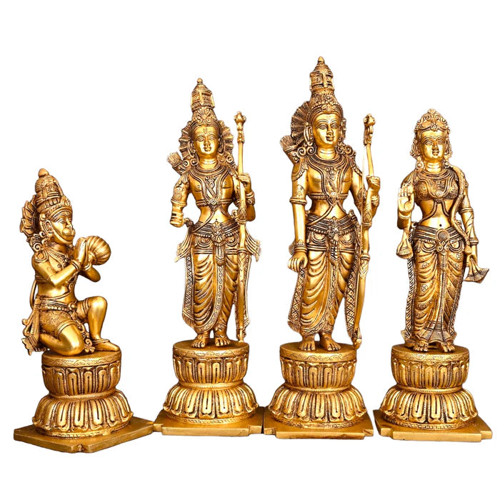 Very Large Pure Brass Ram Darbar Statue – Lord Rama, Sita, Lakshman & Hanuman Murti Set