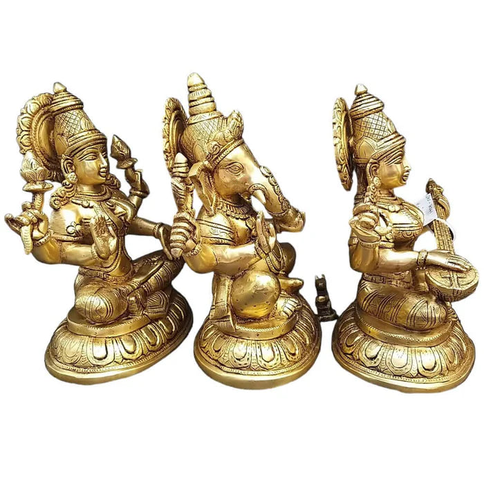 Brass Ganesha Lakshmi Saraswathi Statue Set – Large Handmade Divine Idol Collection (10 Inch)