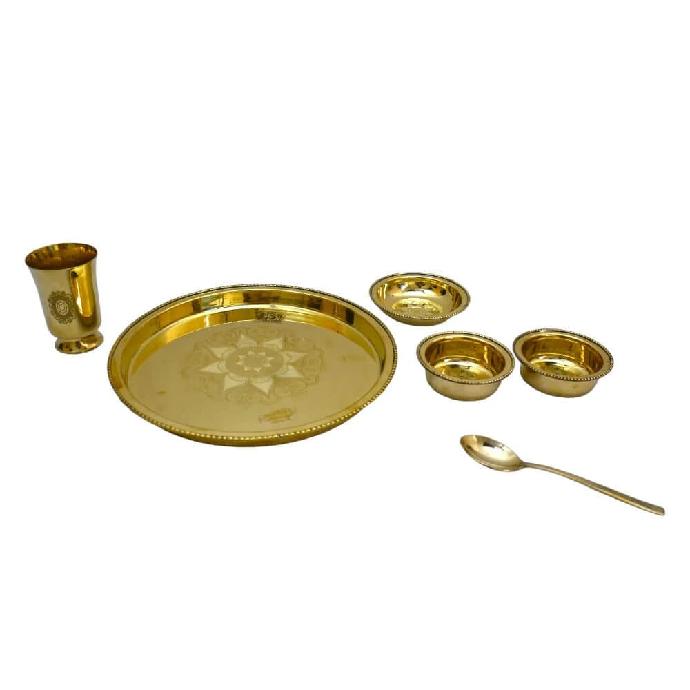 6 Piece Brass Thali Dinner Set – Premium Gold Finish Brass Dining Set with Thali, Bowls, Glass & Spoon
