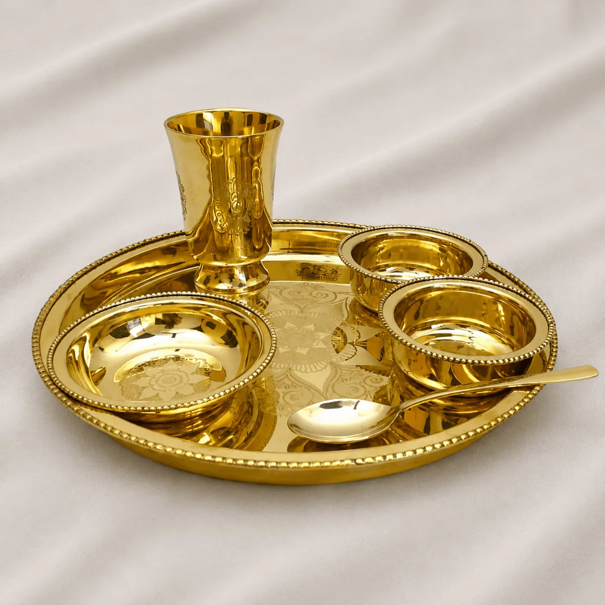 6 Piece Brass Thali Dinner Set – Premium Gold Finish Brass Dining Set with Thali, Bowls, Glass & Spoon