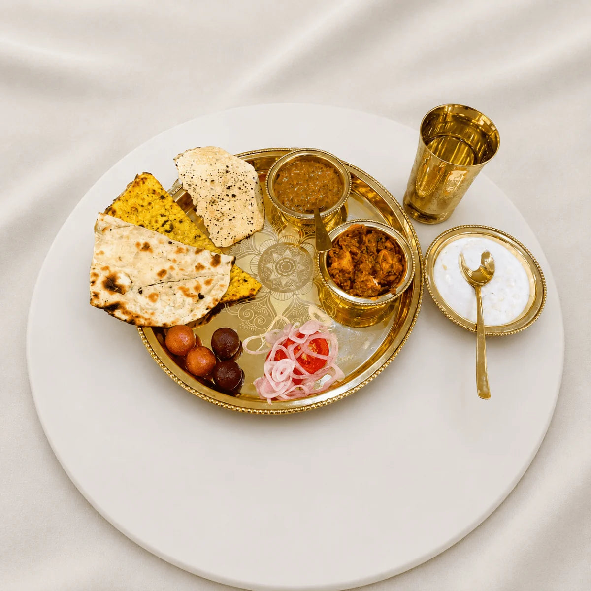 6 Piece Brass Thali Dinner Set – Premium Gold Finish Brass Dining Set with Thali, Bowls, Glass & Spoon