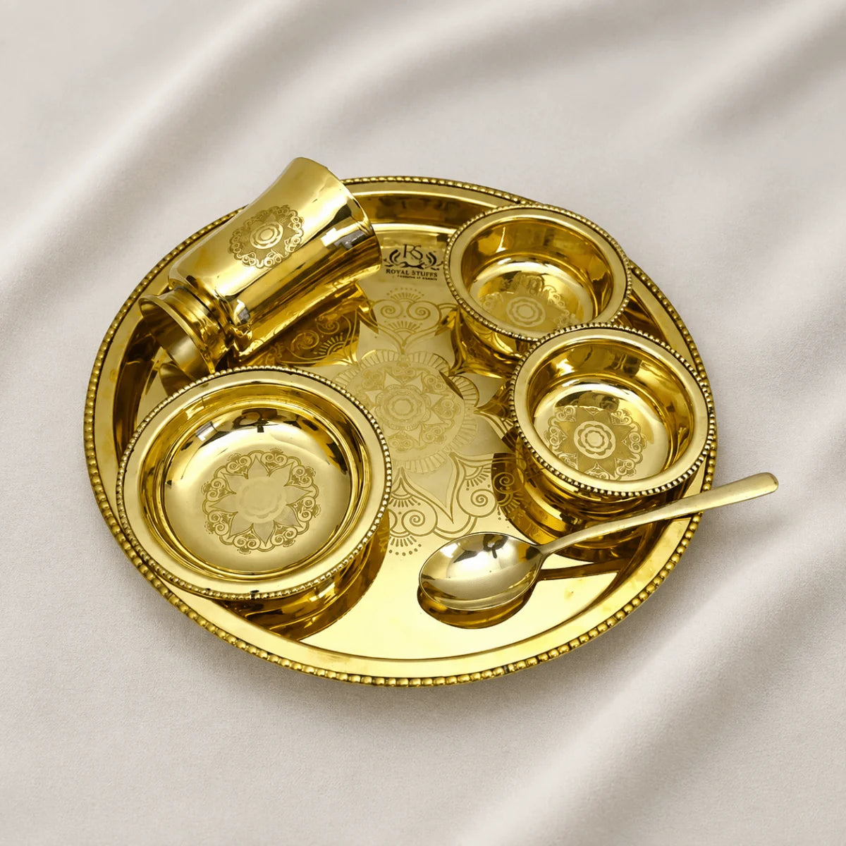 6 Piece Brass Thali Dinner Set – Premium Gold Finish Brass Dining Set with Thali, Bowls, Glass & Spoon