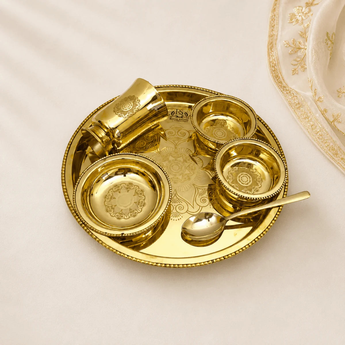 6 Piece Brass Thali Dinner Set – Premium Gold Finish Brass Dining Set with Thali, Bowls, Glass & Spoon