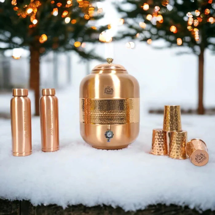 RoyalStuffs Pure Copper Water Dispenser Set – Hammered 8 Liter Copper Storage Tank with 4 Tumblers & 2 Bottles